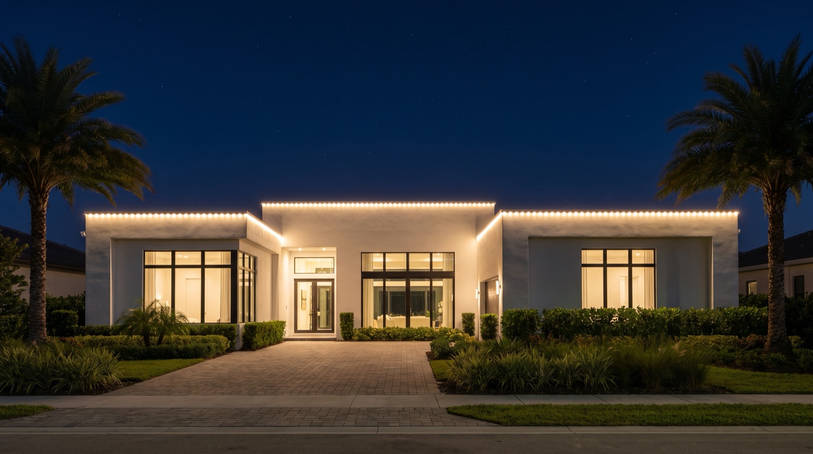 The same house with its roofline lit — warm white
